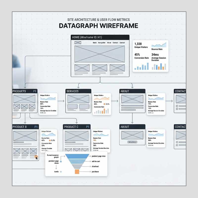 Technical site architecture and user flow metrics wireframe used during a Spring Creative systemic infrastructure audit to identify technical debt and growth opportunities.